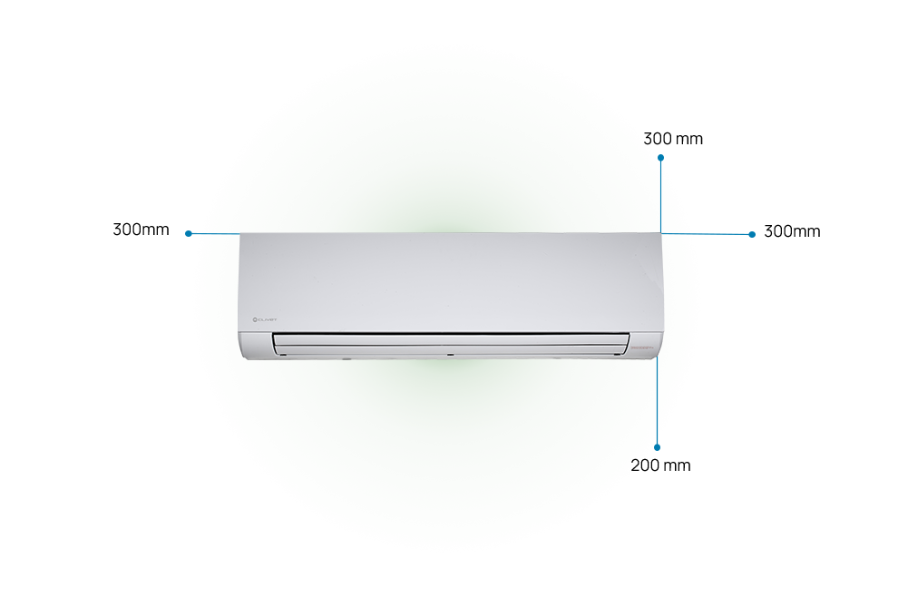 Distances to be maintained from the MOOD unit: 300 millimetres on both sides, 200 millimetres below, 300 millimetres above.