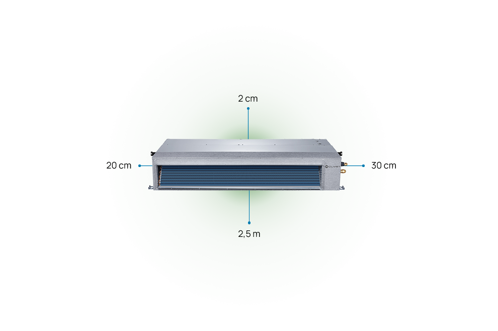 Respect distances to be maintained for DUCT 2: 20 and 30 cm at the sides, 2 cm above and 2.5 metres below.