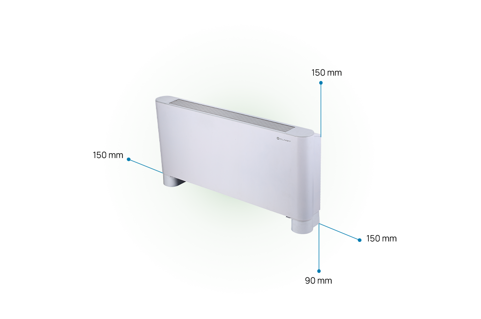 Distances à maintenir avec l’unité AURA : 150 millimètres de chaque côté, 150 millimètres au-dessus, 90 millimètres au-dessous