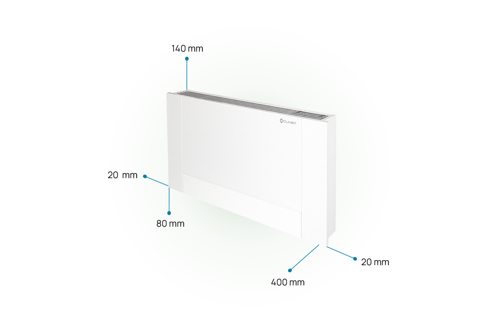 Distances de sécurité à maintenir par rapport à l’unité ELFOROOM2 : 140 mm au-dessus, 20 mm de chaque côté, 80 mm en dessous, 400 mm à l’avant