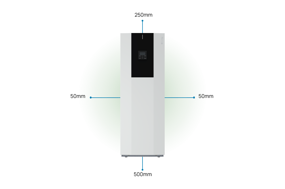 Distances à maintenir l’unité intérieure 50mm latéral, 500mm avant, 250mm au-dessus.
