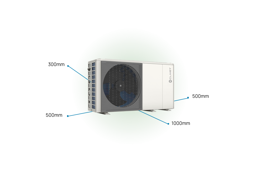 EDGE EVO 2.0 - EXC, les espaces nécessaires à l’installation sont les suivants : 500 millimètres de chaque côté, 300 millimètres à l’arrière, 1000 millimètres à l’avant