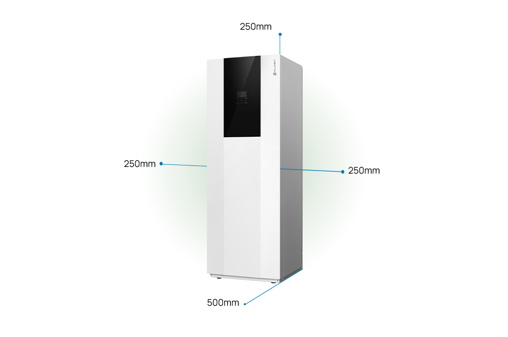 Distances à maintenir avec l’unité intérieure : 500 millimètres à l’avant, 250 millimètres de chaque côté, 250 millimètres sur le côté supérieur