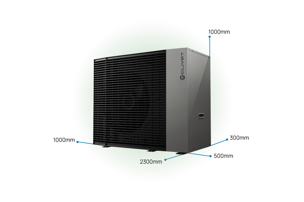 Distances à respecter  Côté gauche : 500 millimètres  Côté droit : 1000 millimètres  À l'avant : 2300 millimètres  À l'arrière : 300 millimètres  Au-dessus : 1000 millimètre