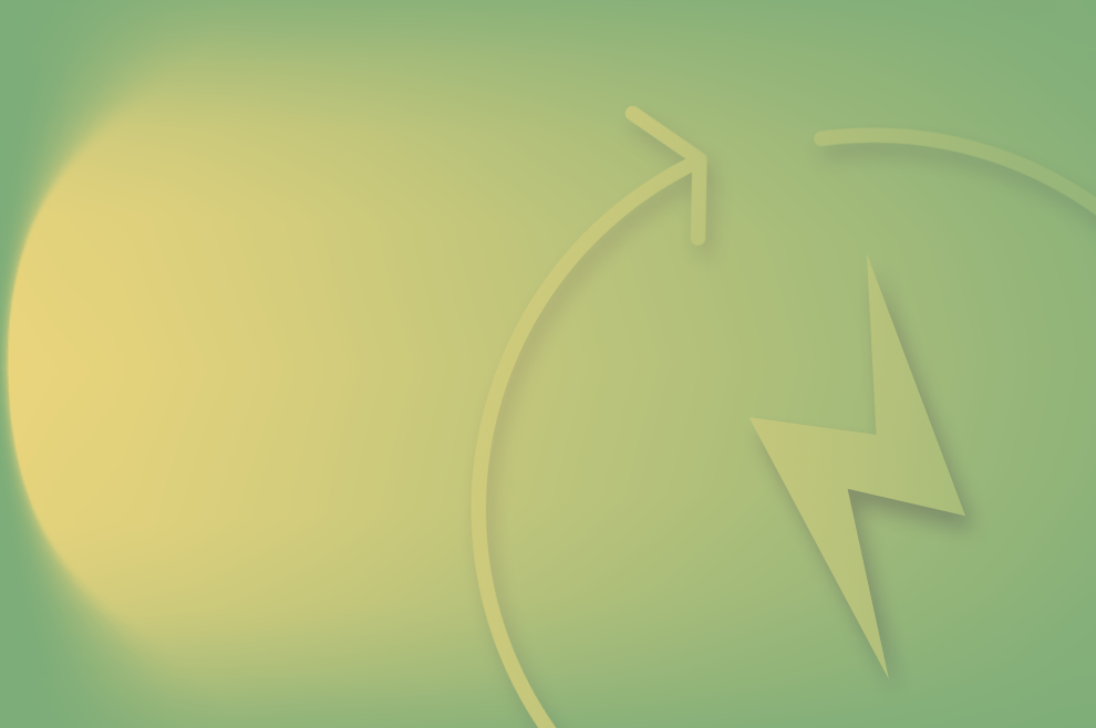 SINERGY: blackouts? Not in your home. Graphic of the energy sign with circular arrows.