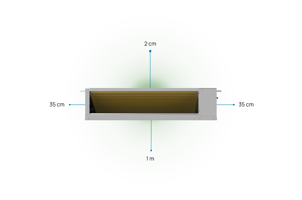 Clearance distances to maintain for DUCT3: 35 centimetres on both sides, 2 centimetres above, 1 metre below